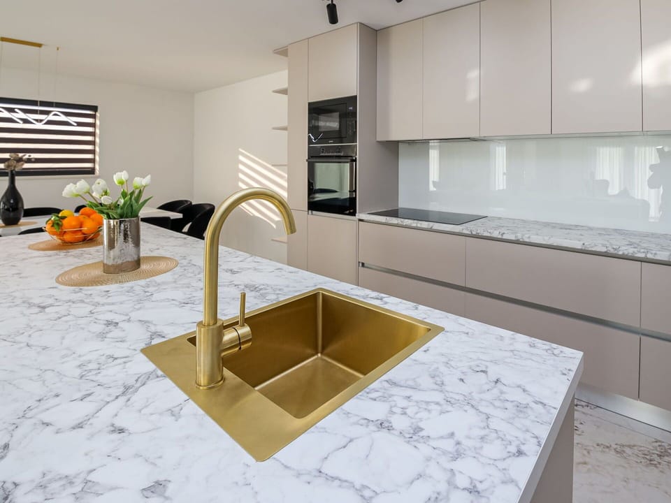 Kitchen, Countertop, Interior Design, Flooring, Wood, Kitchen Appliance, Sink, Plumbing Fixture, Floor, Tap