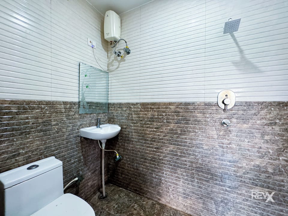 Shower, slippers, towels, soap