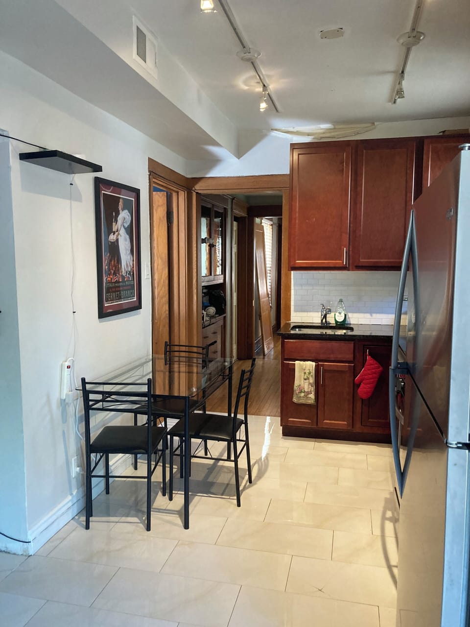 Mini-fridge, microwave, freezer, paper towels