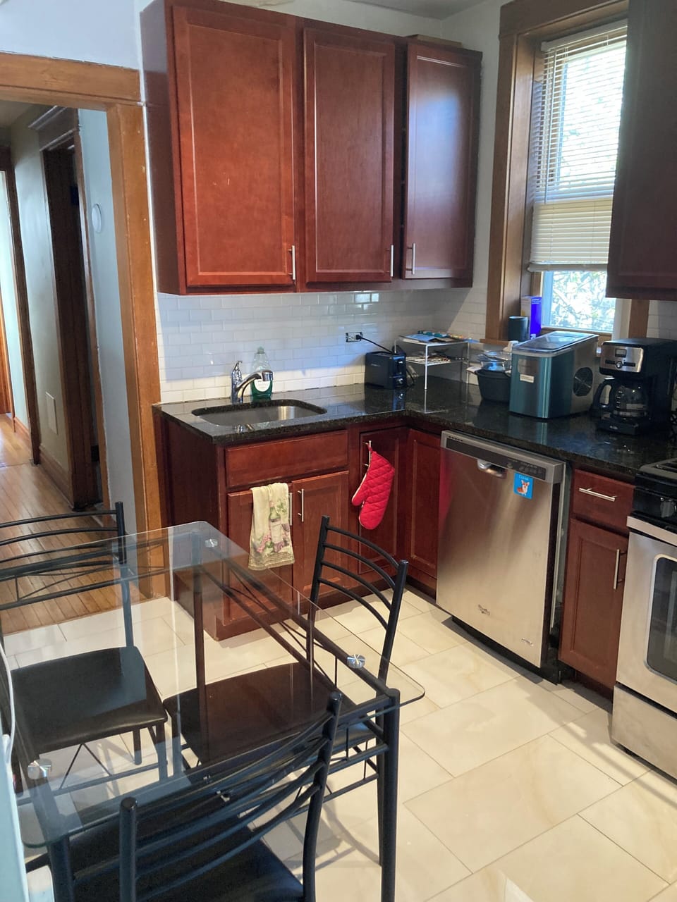 Mini-fridge, microwave, freezer, paper towels
