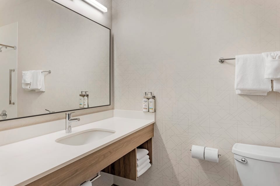 Combined shower/tub, free toiletries, hair dryer, towels