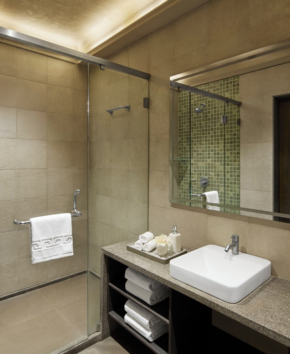 Separate tub and shower, free toiletries, hair dryer, towels