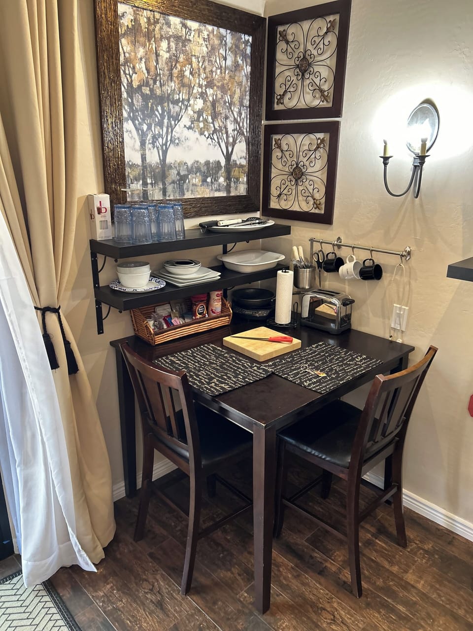 Table and chairs, hot plate, toaster