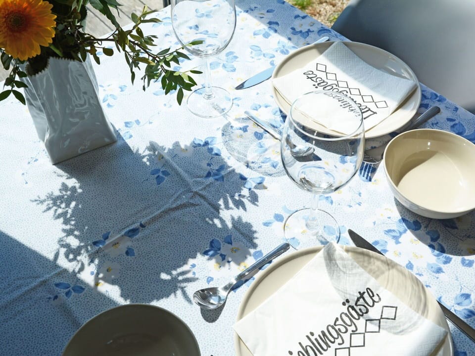 Tableware, Dishware, Table, Drinkware, Blue, Tablecloth, Textile, Cup, Plate