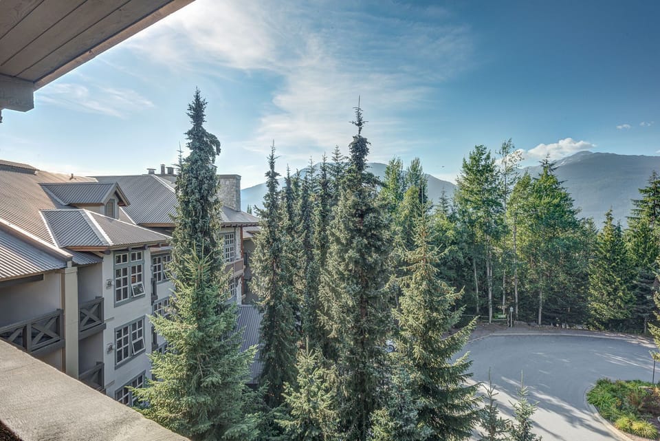 Scenic balcony offering stunning views of the surrounding trees and mountains.