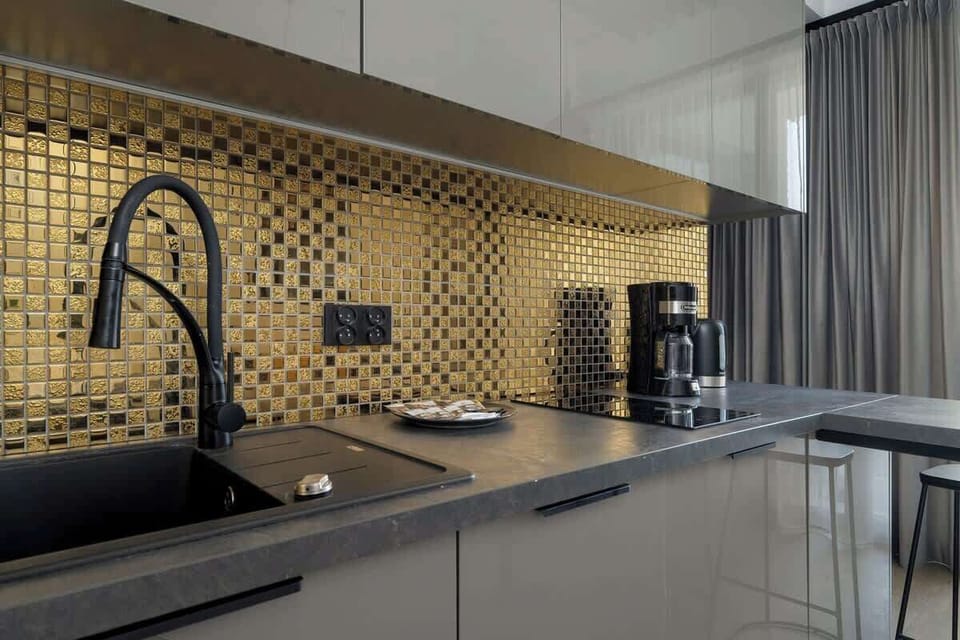 Elegant kitchenette with coffee machine.