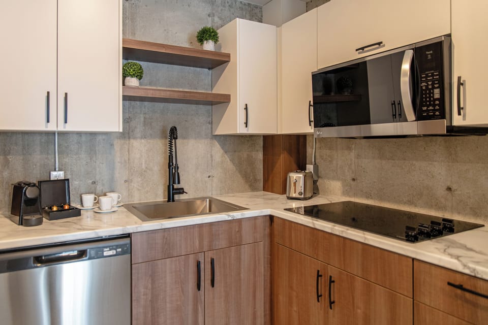 Full-size fridge, microwave, stovetop, dishwasher