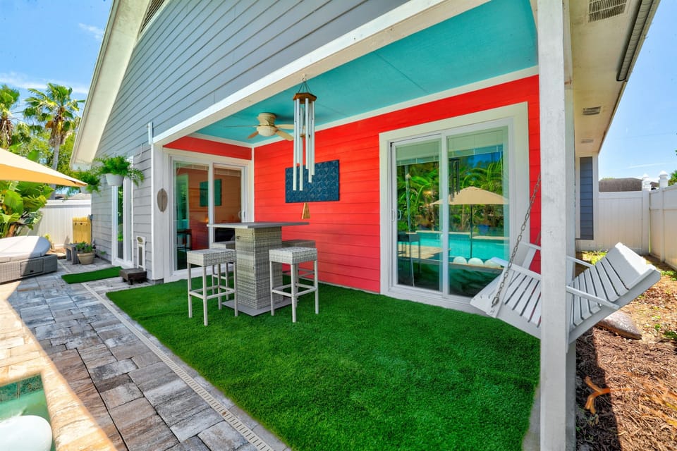 Relaxing patio area, featuring a shaded space.