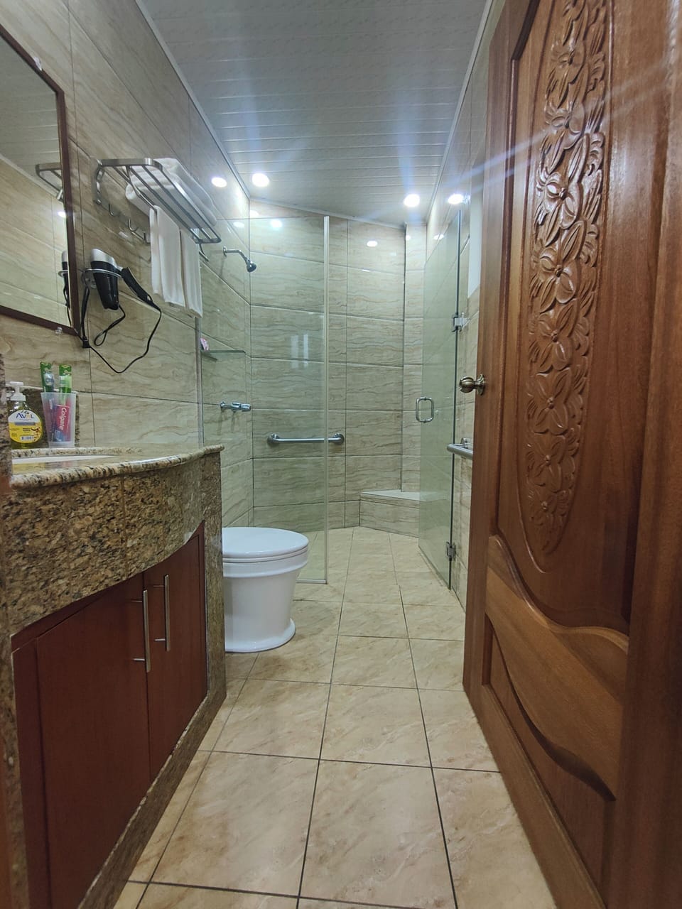 Shower, free toiletries, hair dryer, towels