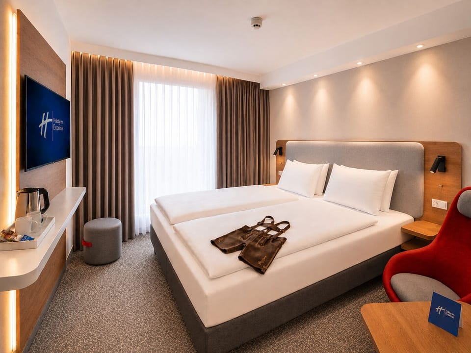 Hypo-allergenic bedding, desk, laptop workspace, blackout drapes