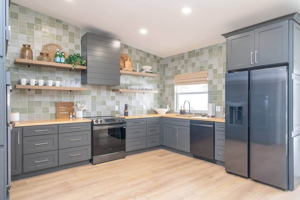 Iron Ore paint complients this design space creating a fun moody kitchen.  