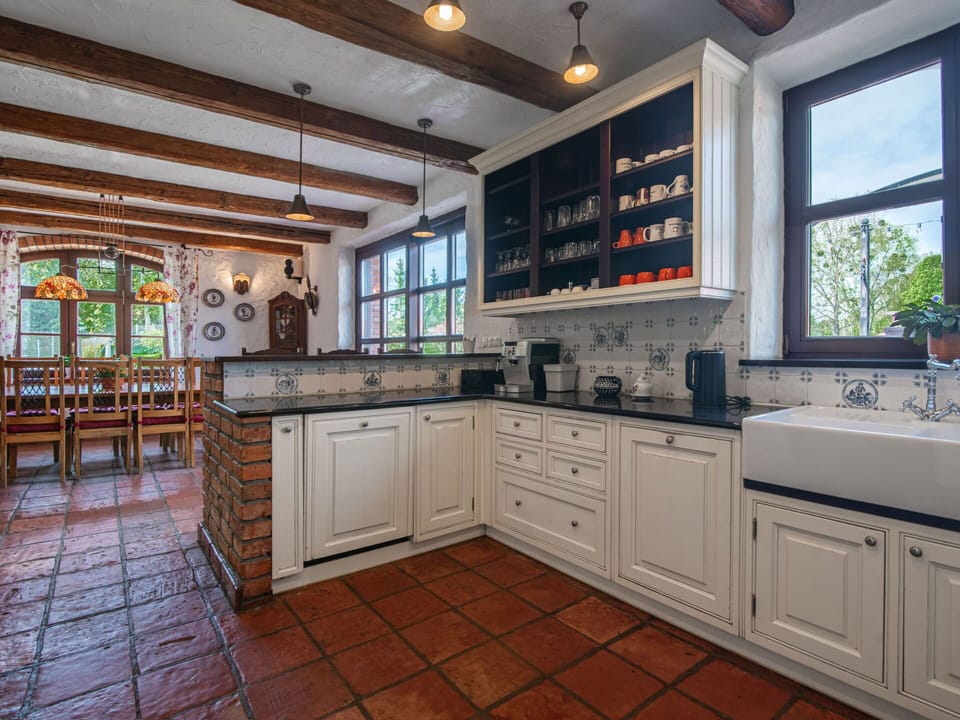 Kitchen, Flooring, Interior Design, Wood, Countertop, Furniture, Cabinetry, Ceiling, Floor, Light Fixture