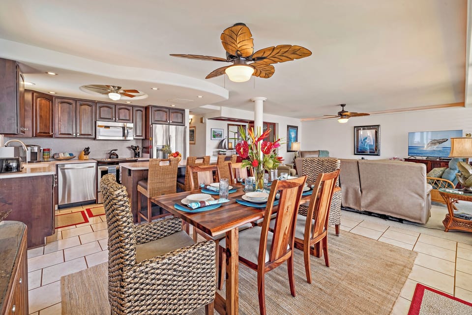 Fully equipped kitchen convenient to dining.