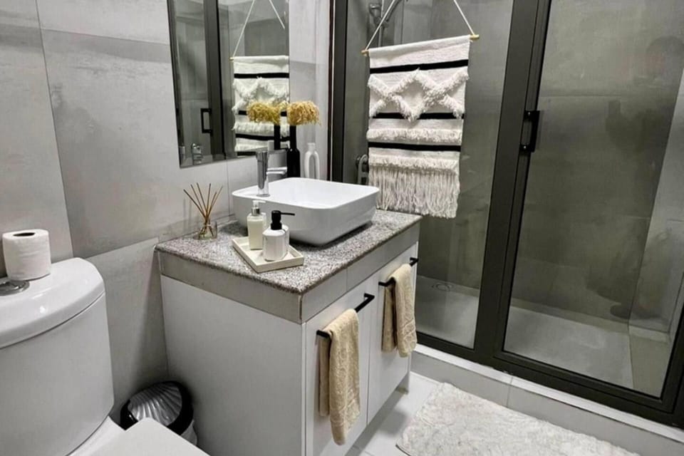Shower, free toiletries, hair dryer, towels