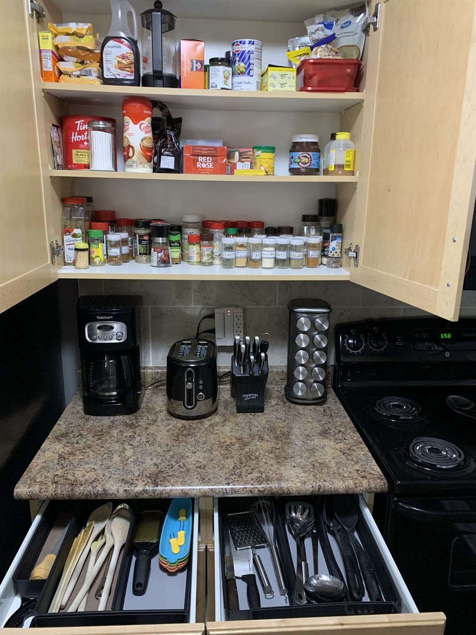 Kitchen. Coffee, tea, sugar stocked. Remaining items are available for your use. These supplies are available for your use. Lots of spices and cooking supplies. Use what you need and leave your extra supplies to pay it forward to next guest.