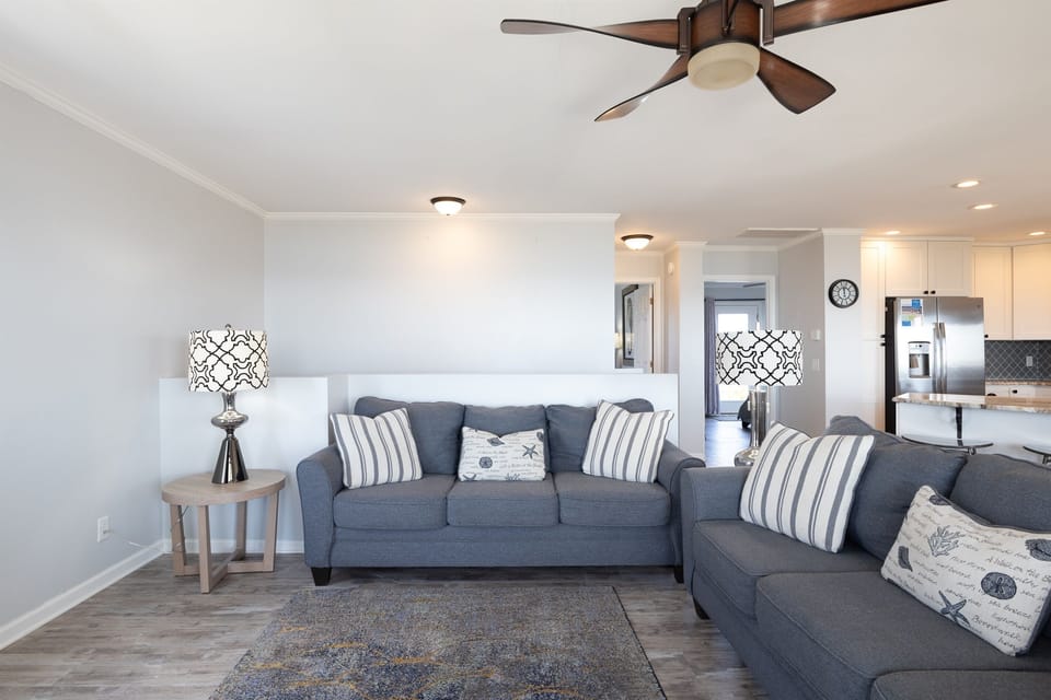 Comfortable seating in calming blue tones