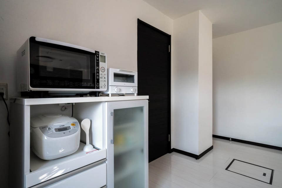 Fridge, microwave, stovetop, electric kettle
