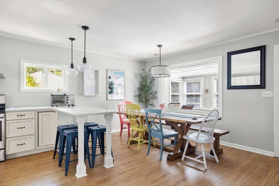Dining table seating as well as island seating for your group! 