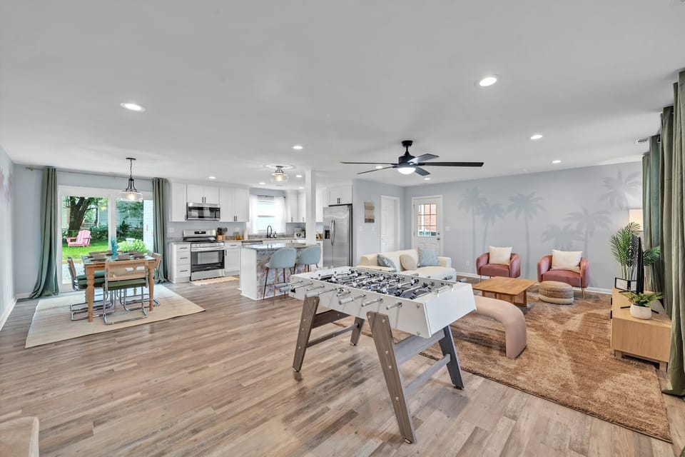 Foosball in the open floor plan living room