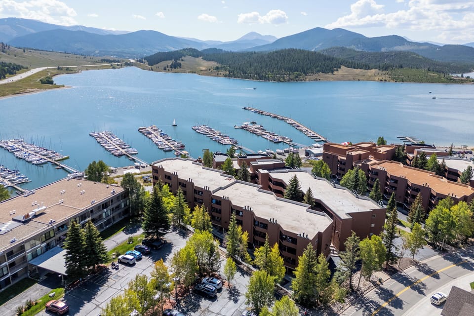 Aerial view of building & marina