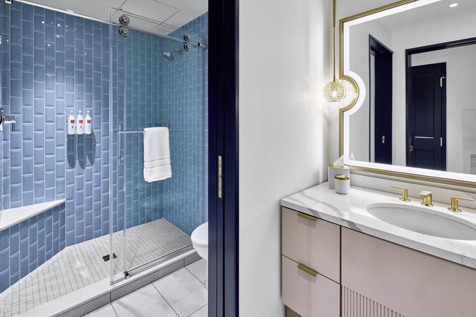 Combined shower/tub, free toiletries, hair dryer, towels
