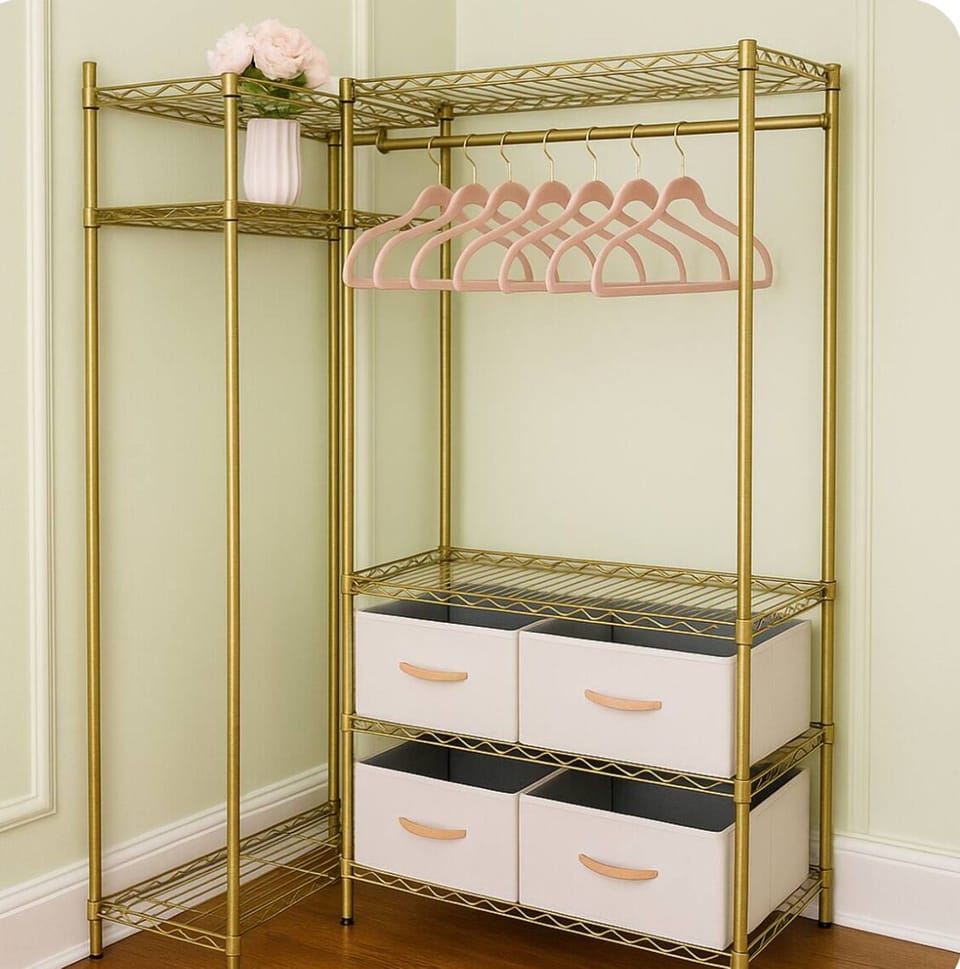 Spacious open closet with hangers & storage bins — perfect for settling in.