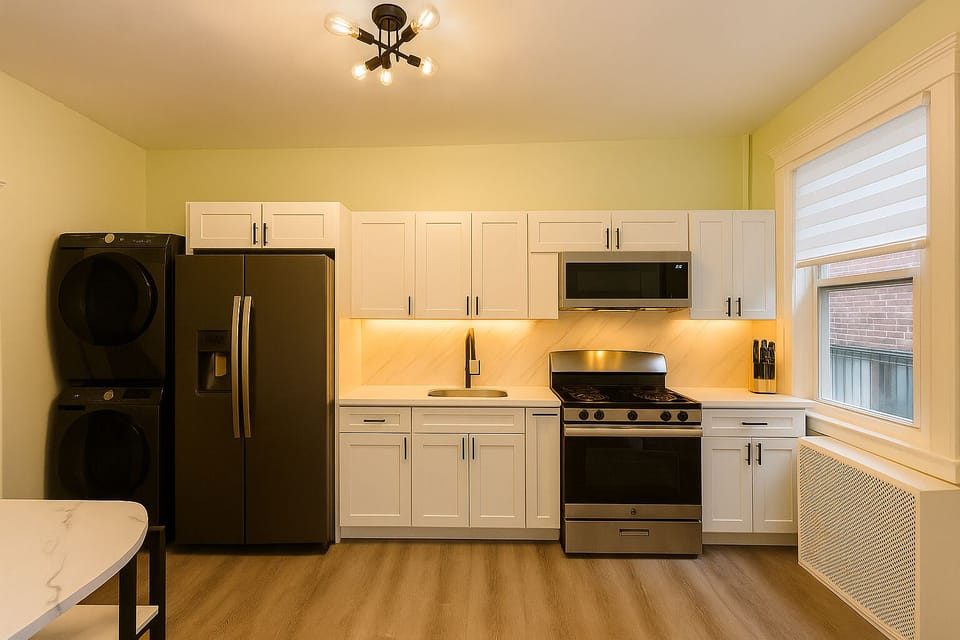 Spacious, modern, and fully equipped kitchen — featuring washer/dryer