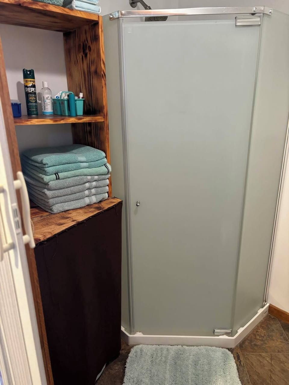 Beachy stand-up shower, linens, bath gel and blow dryer.