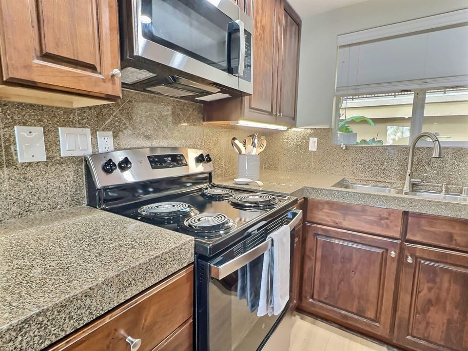 The kitchen boasts chef-grade appliances.