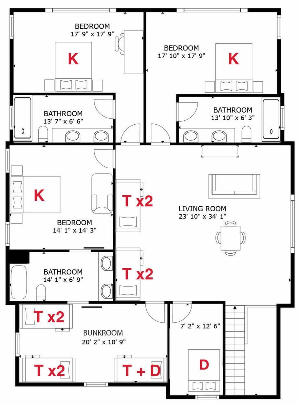 3rd floor bedroom floor plan; K=King, D=Double, T=Twin