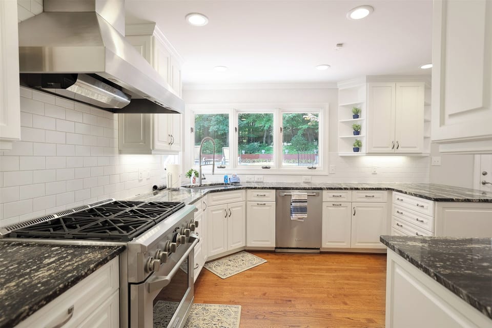 Kitchen with pool view