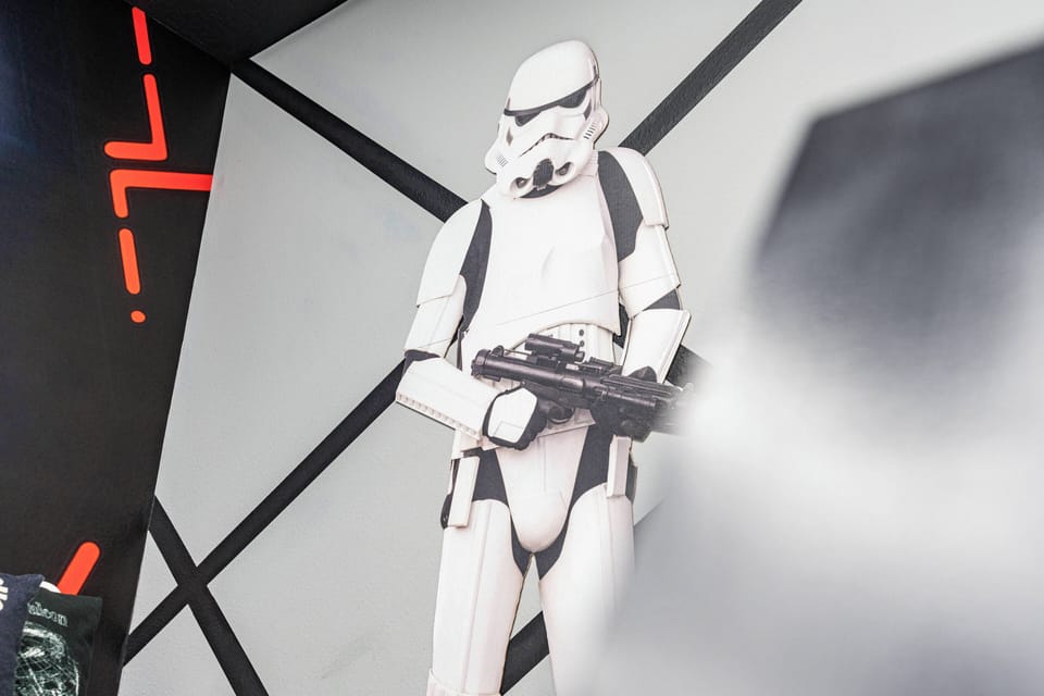 Experience a unique atmosphere where creativity meets comfort, highlighted by a striking Stormtrooper figure and bold decor. Enjoy a memorable stay filled with fun and style in this one-of-a-kind space that invites exploration.