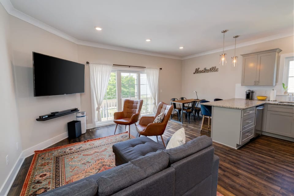 Living, dining, and kitchen area