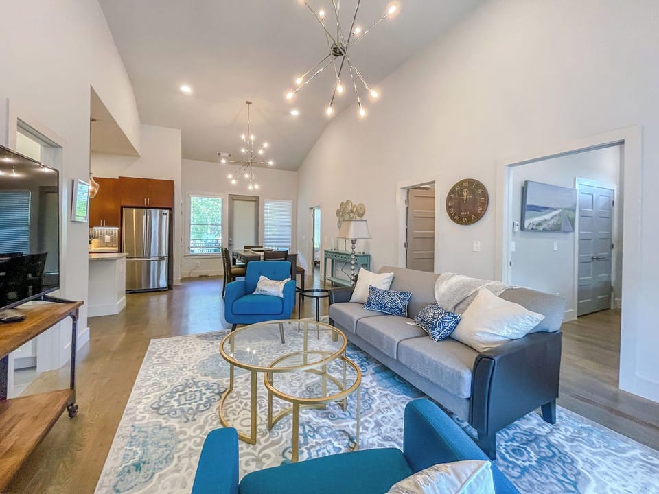Chic living room with Smart TV, comfortable seating