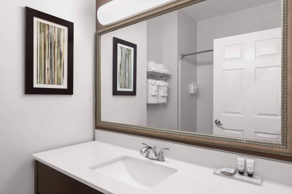 Combined shower/tub, free toiletries, hair dryer, towels