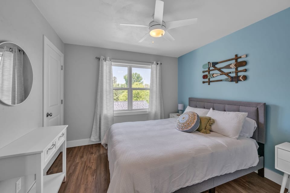 Indoors, Home Decor, Ceiling Fan, Furniture, Bed