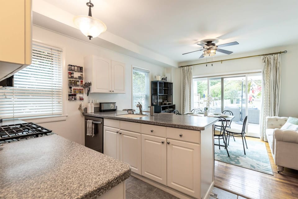 The kitchen is stocked with cookware and serving ware and ready for you to make a family meal.