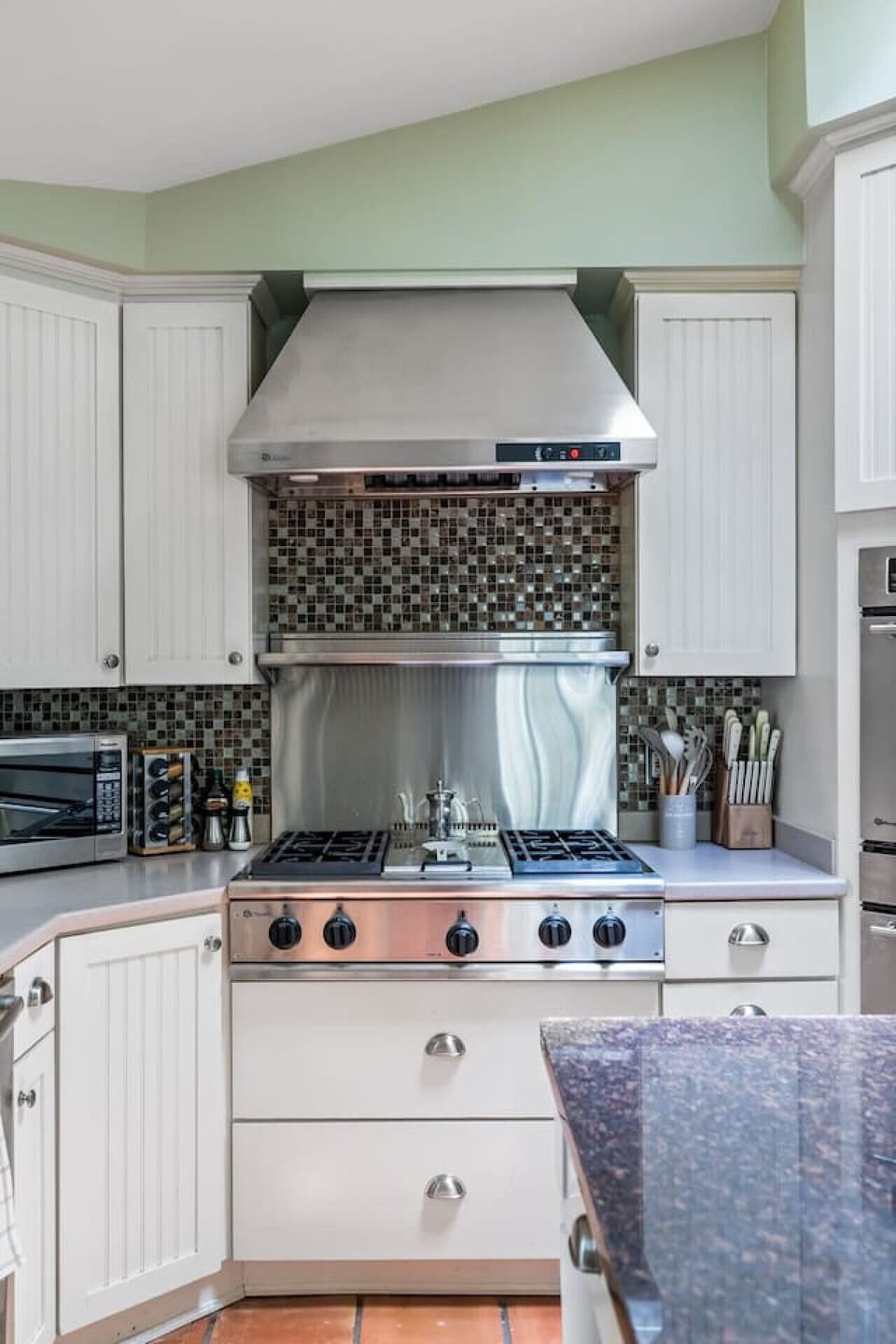 Our kitchen is fully stocked with everything you need to cook a full meal.
