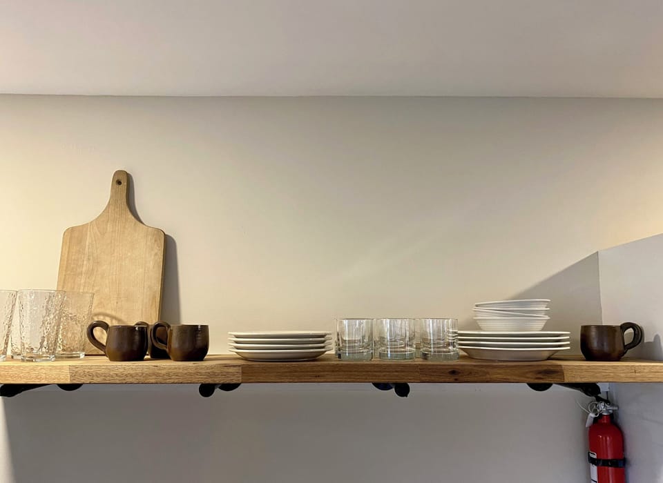 Open shelving in the kitchen. 