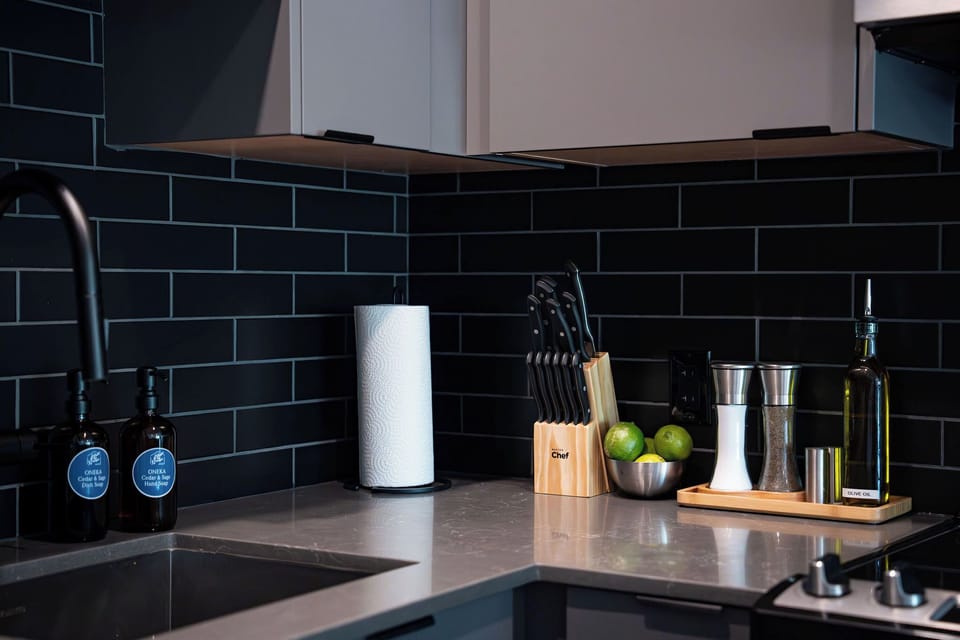 Kitchen essentials including salt, pepper, oil and more.
