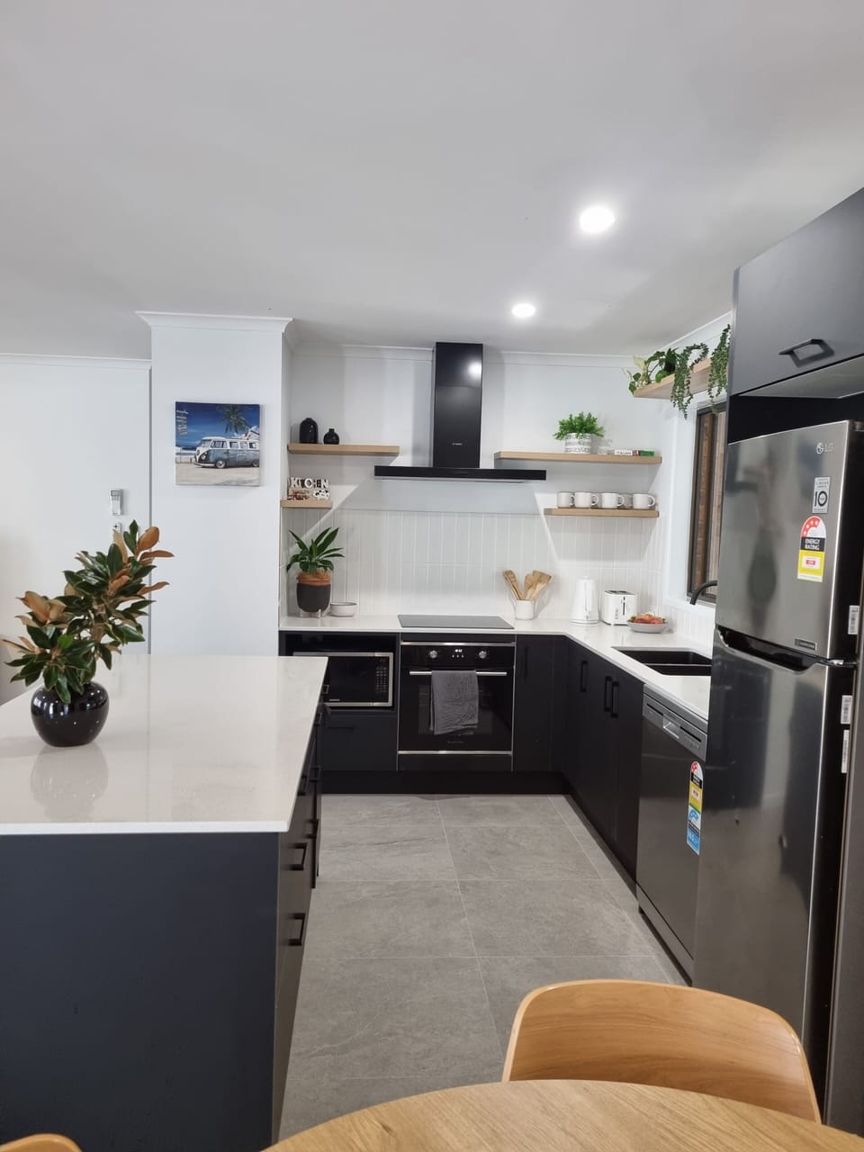 A fully equip kitchen including coffee maker and cooking facilities and crockery