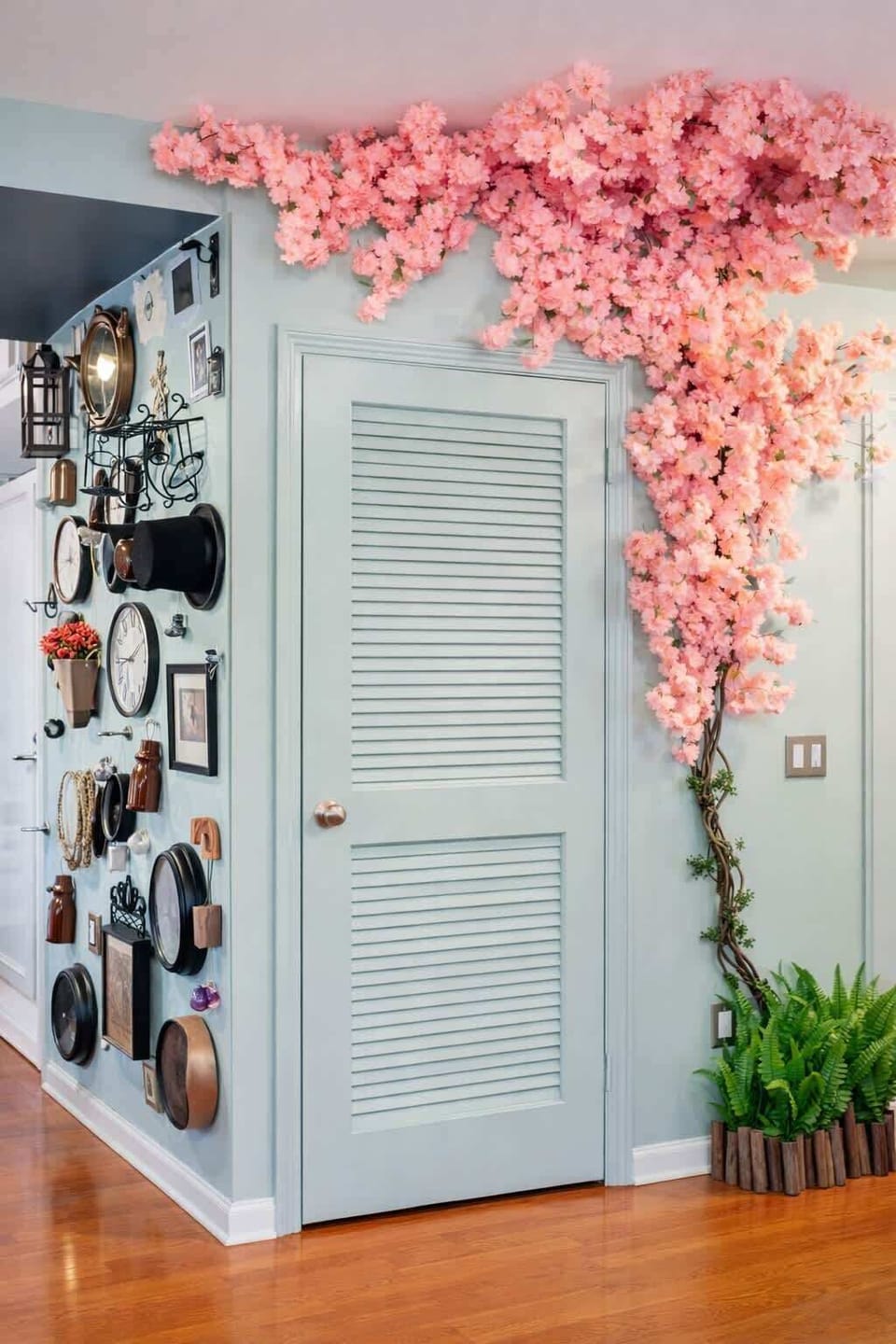 Clock-lined corridor with cherry blossoms creating a playful Mad Hatter moment.