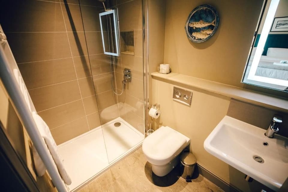 Shower, hair dryer, towels, toilet paper
