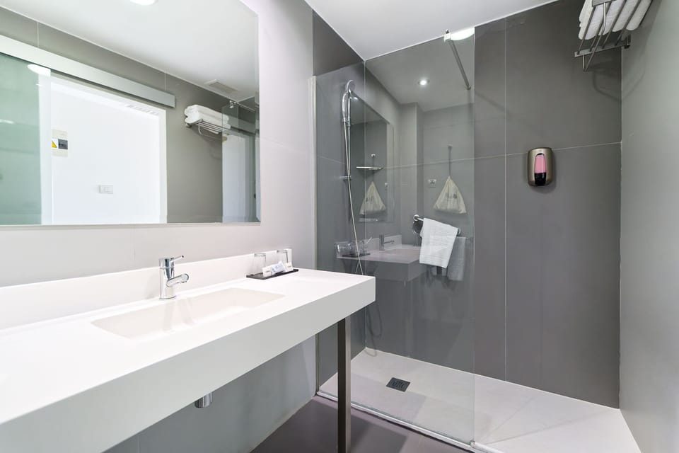 Shower, free toiletries, hair dryer, towels