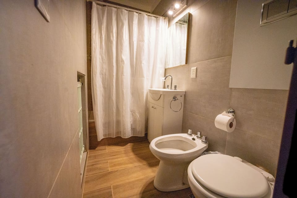 Bidet, towels, soap, toilet paper
