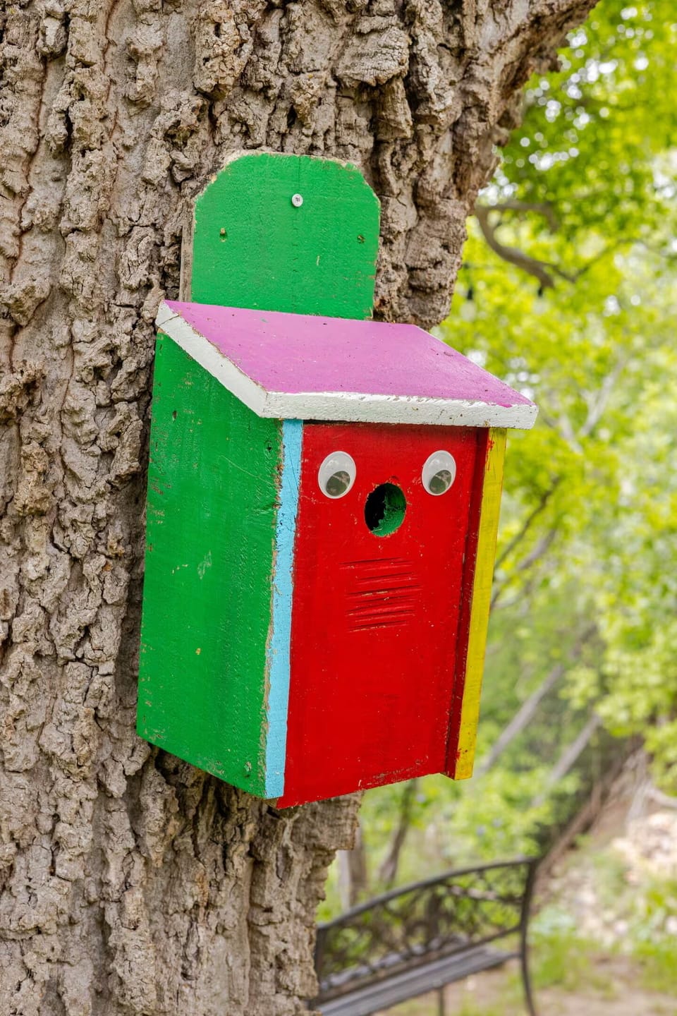 Whimsical birdhouse and unique accents add charm throughout the property