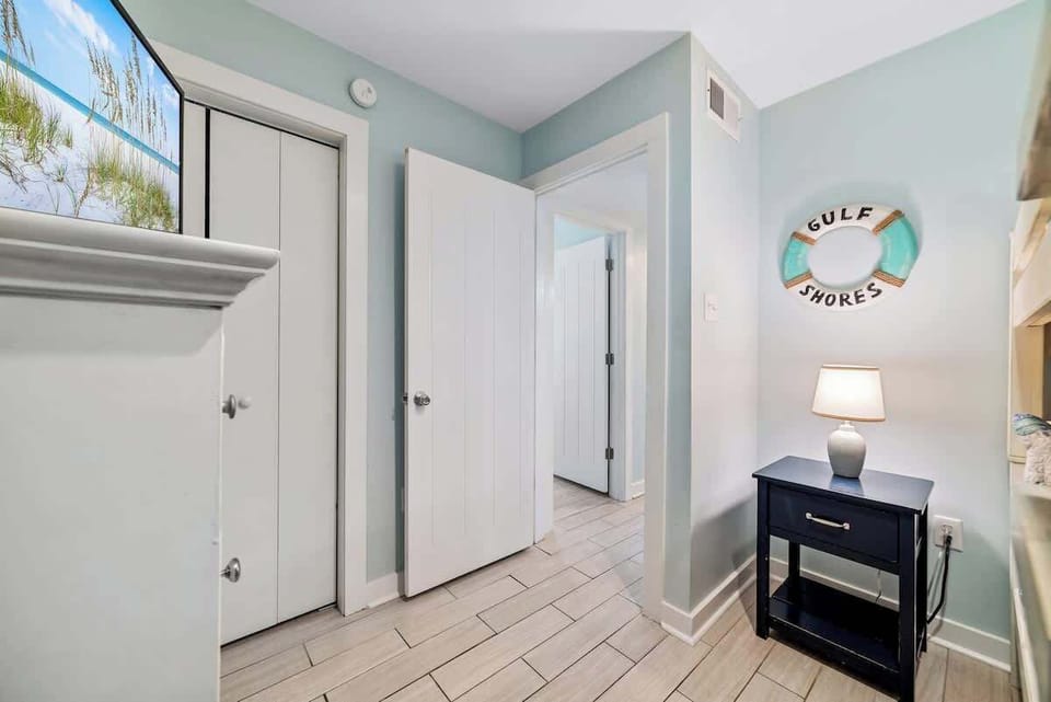 Open, spacious bunk room with television and plenty of room for the kiddos to play. Board games are in the closet.