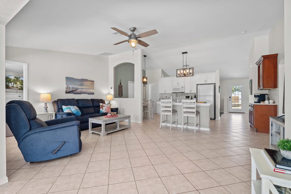View of the living room and kitchen area.