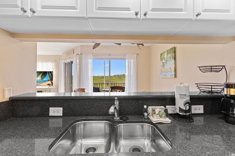 Kitchen overlooking dining area