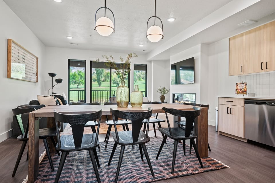 Enjoy stunning views of the golf course and mountains while dining